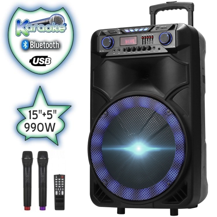 15" Тонколона караоке ЕК-1905LUX с Bluetooth, 2 Броя безжични микрофони, USB, Радио, Еквалайзер, Цветомузика, Вграден акумулатор